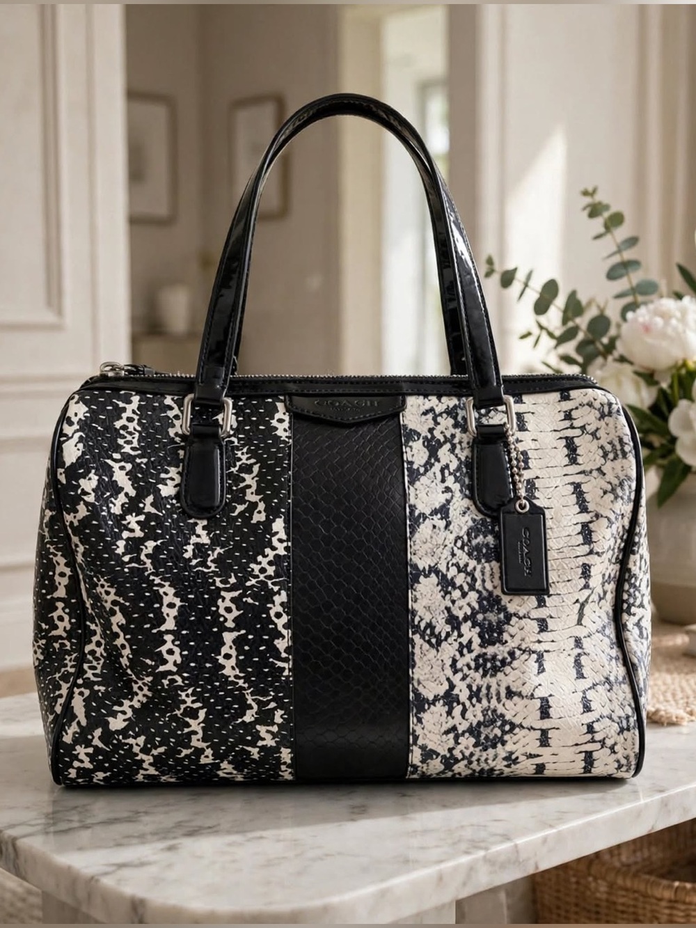 Coach Black & White Snake-Print Satchel with Leather Trim